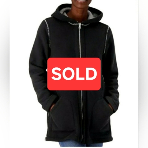 📣 SOLD 📣Susan Graver Reversible Polar Fleece Sherpa Coat Large Black Gray New - Picture 1 of 17